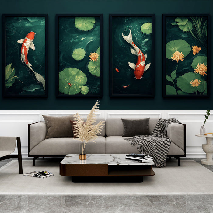 Fototapet koi karpe imitation | Elegante karper svømmer blandt vandliljer og blomster