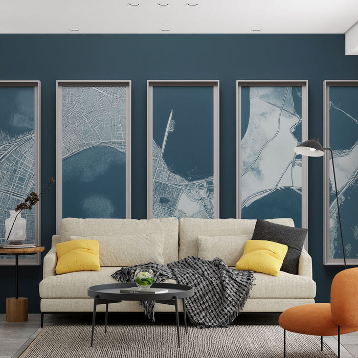 Papel pintado imitación mesa | Cartas estilizadas en tonos de azul