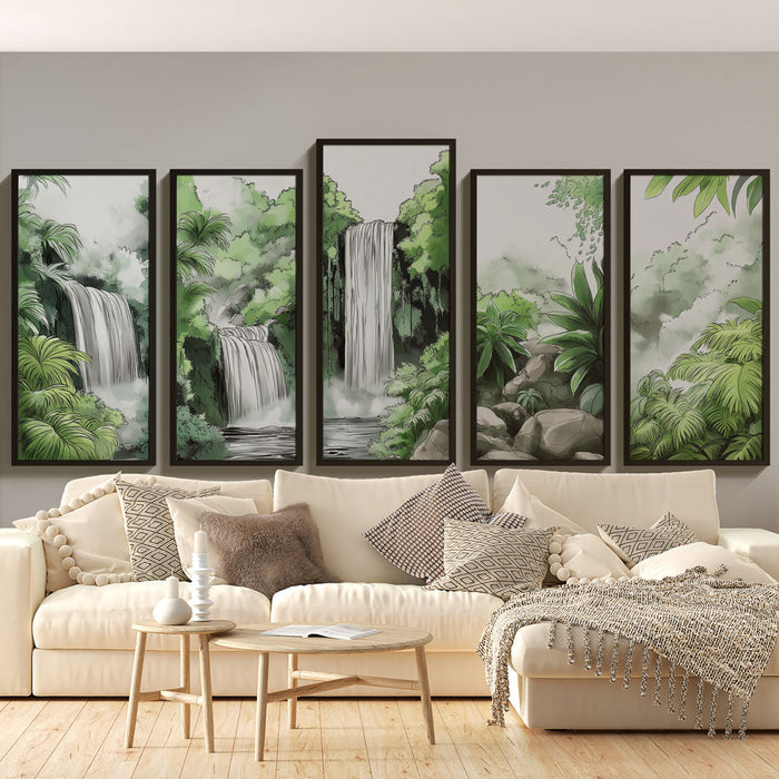 Imitație pânză tapet cu cascade | Scenă luxuriantă de natură cu cascade și vegetație tropicală