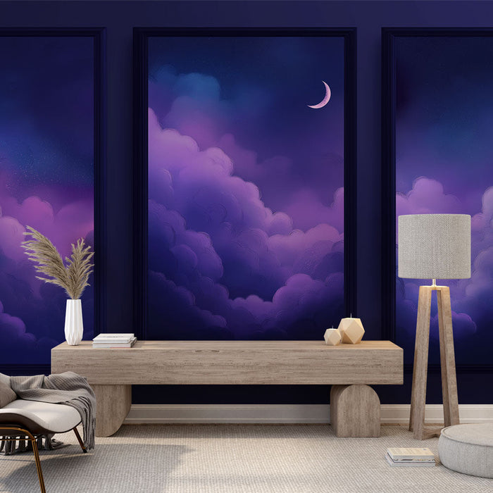 Papel de parede imitação céu pintura | Nuvens roxas e lua pálida