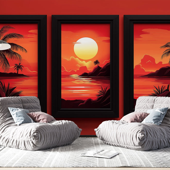 Tapete imitación puesta de sol | Escena tropical en colores cálidos