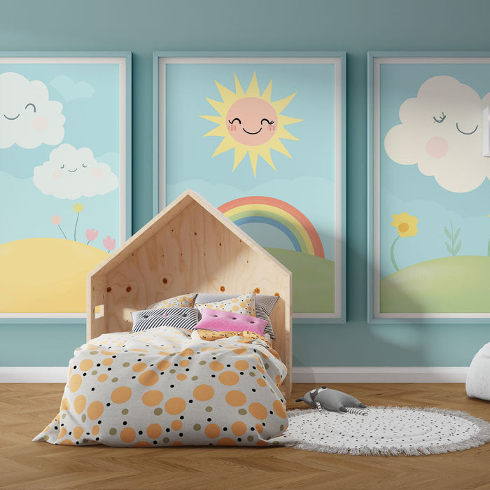 Fototapet tablo taklidi | Güneş, bulutlar ve gökkuşağı ile neşeli dekorasyonlar