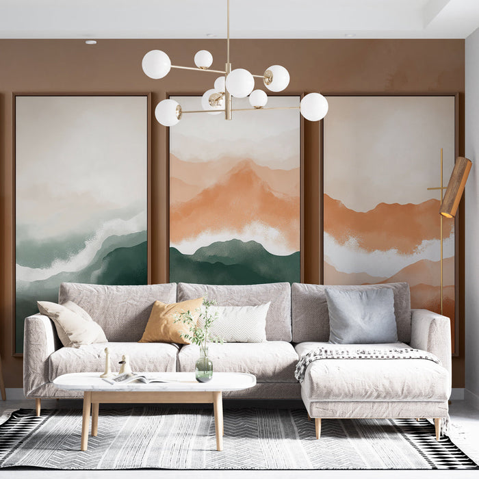 Mural Wallpaper painting imitation | Soft terracotta and emerald green undulations