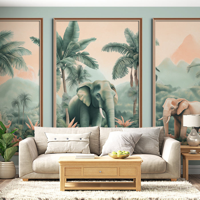 Mural Wallpaper elephant imitation table | Elegant elephants in the middle of a lush jungle