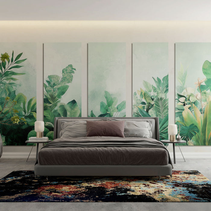 Imitație de tapet pictură | Frunziș luxos pe un fundal moale