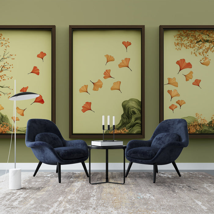 Papel de parede com imitação de pintura de folhas de Ginkgo em cores de outono em um fundo suave