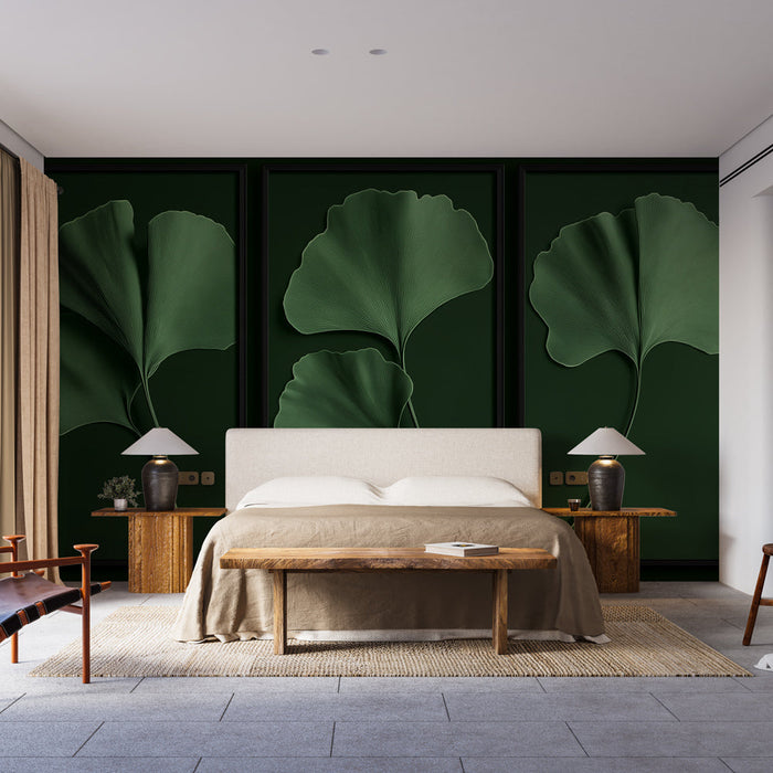 Fototapete boyama taklit yapraklar | Derin yeşil arka plan üzerinde zarif gingko yaprakları