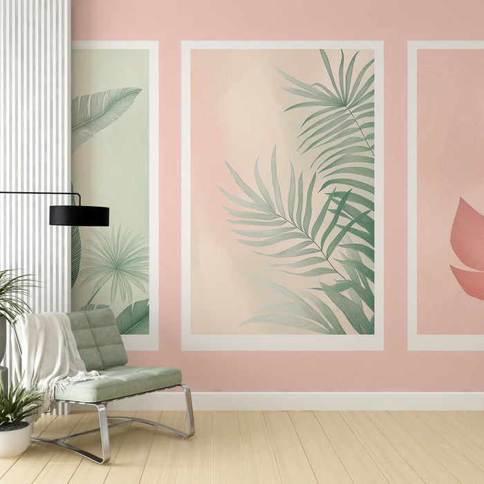 Foto Behang imitatie schilderij | Delicate tropische bladeren op een pastel achtergrond