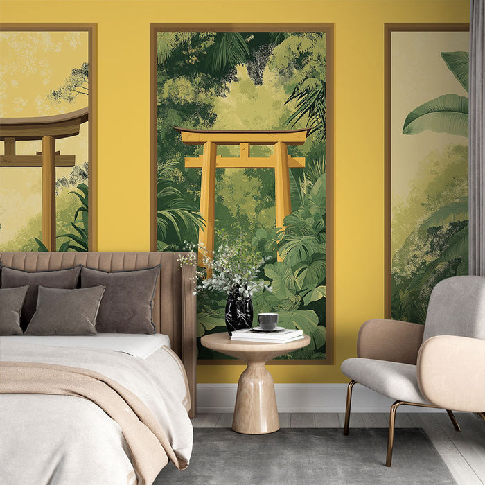Fototapet skog imitation målning | Majestätiska Torii och frodiga lövverk