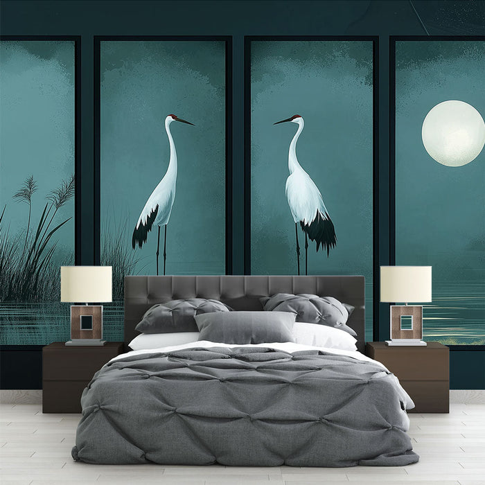 Fotótapéta utánzó asztal | Elegáns daruk holdfényben