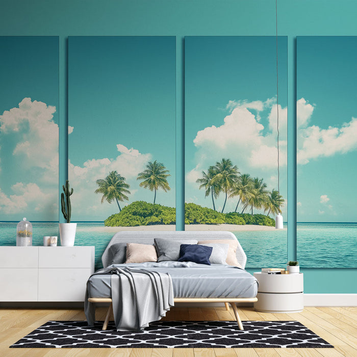 Mural Wallpaper tropical island imitation painting | A paradise landscape with palm trees and a blue sky