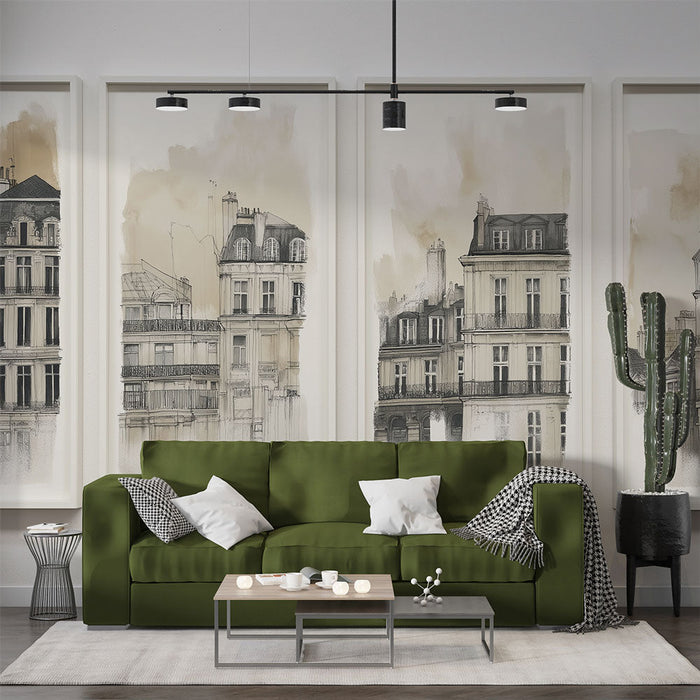 Papel pintado mural tableau imitación | Elegantes ilustraciones de edificios parisinos