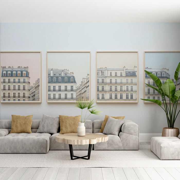 Tapeta na ścianę imitująca paryskie budynki | Eleganckie ilustracje miejskich fasad