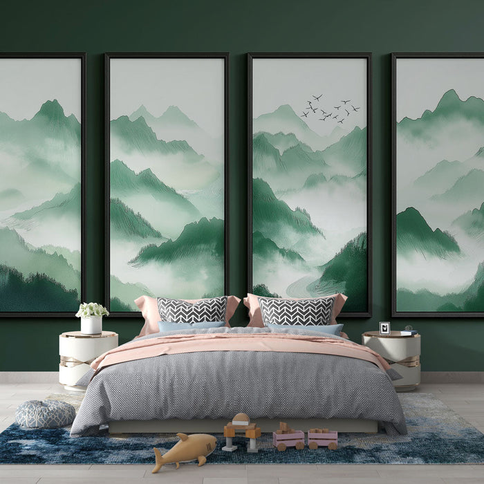 Mural Wallpaper canvas imitation mountain | Misty landscapes in shades of green