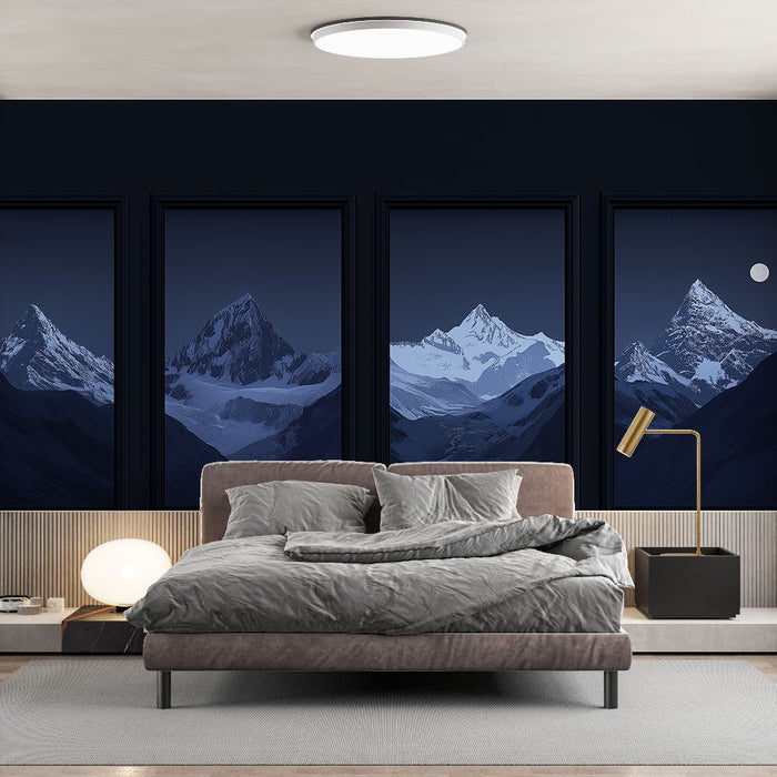 Papel pintado imitación pintura de montañas nocturnas | Cuatro panoramas majestuosos bajo un cielo estrellado