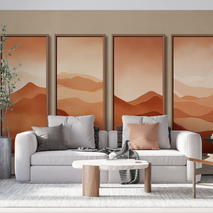 Tapete de papel pintado imitación de montañas | Paleta de rojos y ocres evocando paisajes estilizados