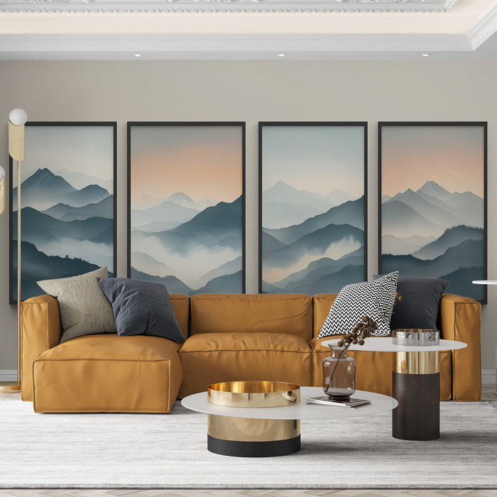 Papel de parede imitação de montanhas | Paisagem de montanha em degradê azul e bege