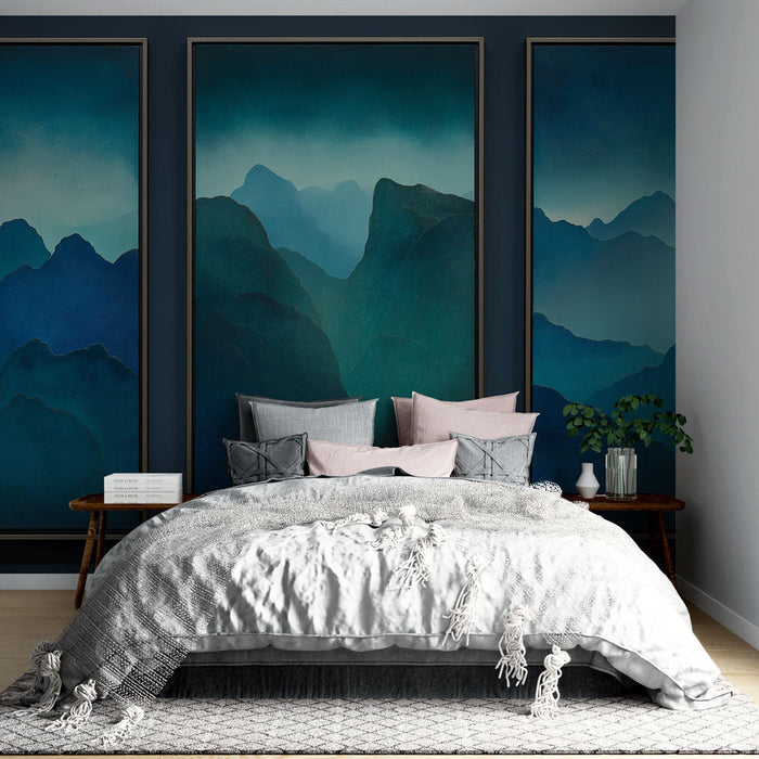 Papel de parede imitação de pintura de montanhas | Paisagem montanhosa em gradientes de azul