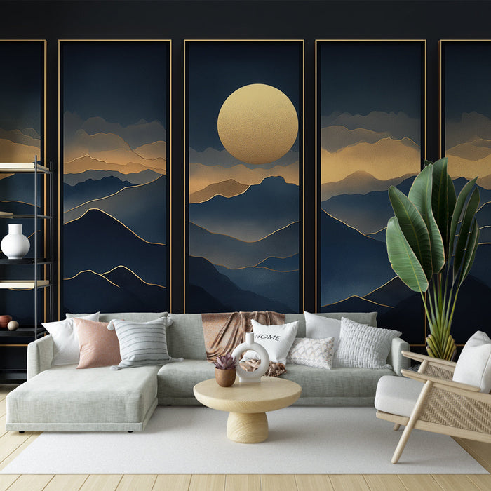 Εικόνα ταπετσαρίας τοιχογραφίας | Στυλιζαρισμένα βουνά με ένα χρυσό ήλιο