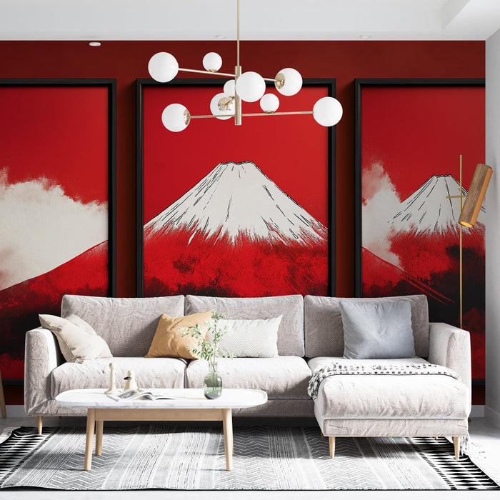 Papel de parede mural imitação de pintura | Montanhas vocais em fundo vermelho