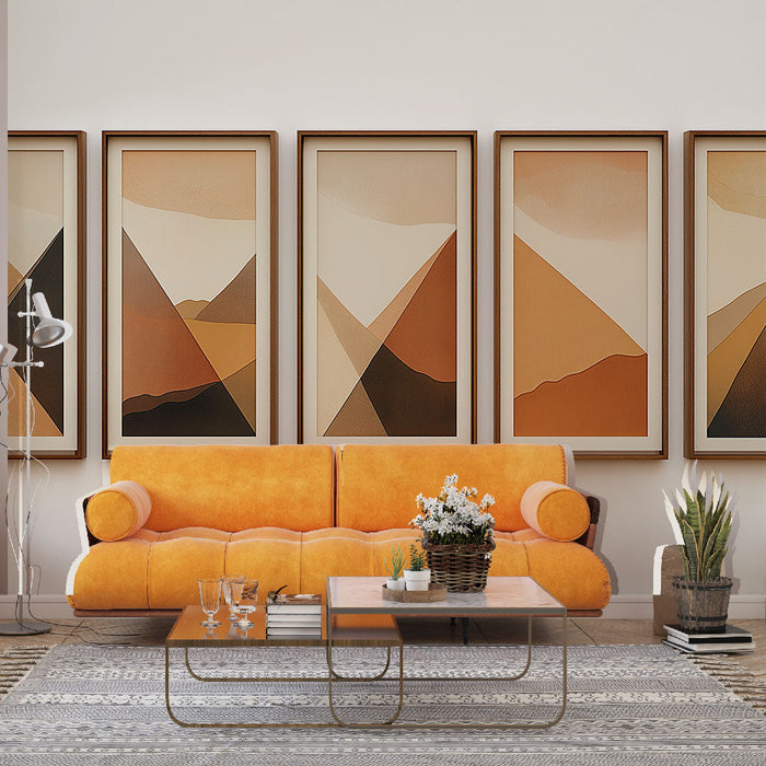 Mural Wallpaper canvas imitation | Geometric patterns in ochre and beige tones