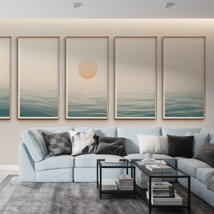 Tapetti kankaan jäljitelmä meri | Minimalistinen maisema auringolla ja lempeillä aalloilla