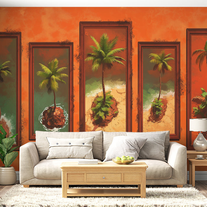 Carta da parati imitazione albero di palma | Cinque isole tropicali in tonalità calde