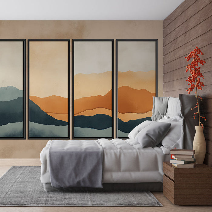 Tapeta s imitací stolu s abstraktní krajinou v zemitých tónech