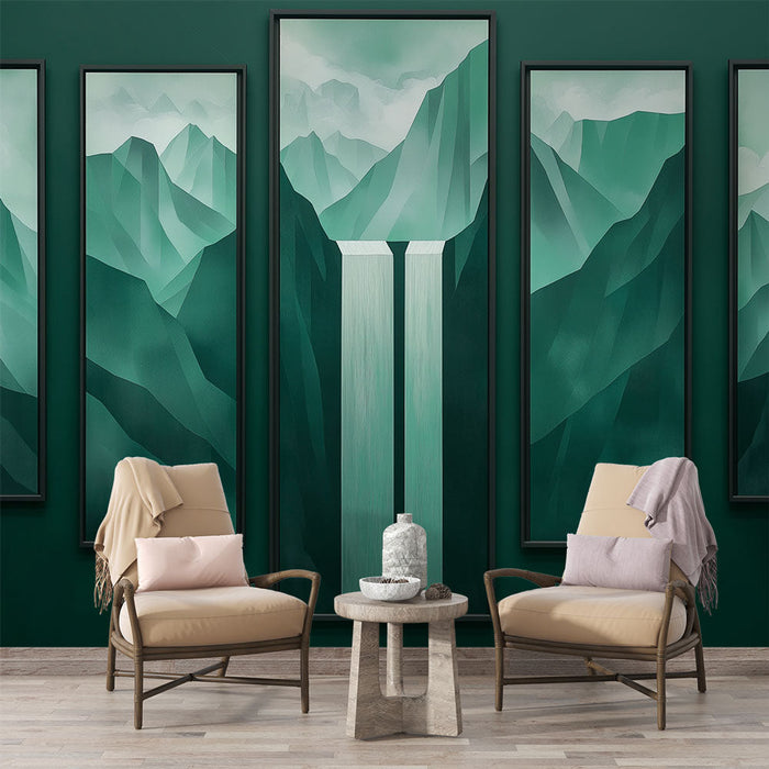 Fototapet maleri imitation bjerglandskab | Vandfald og grønne bjerge med beroligende toner