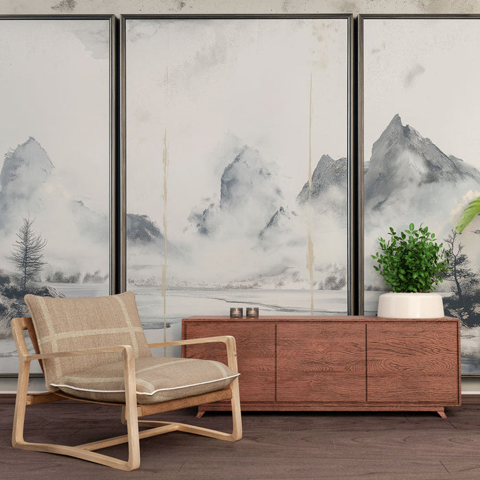 Tapete tableau μίμηση τοπίου βουνού | Ομιχλώδες τοπίο με δέντρα και επιβλητικά βουνά