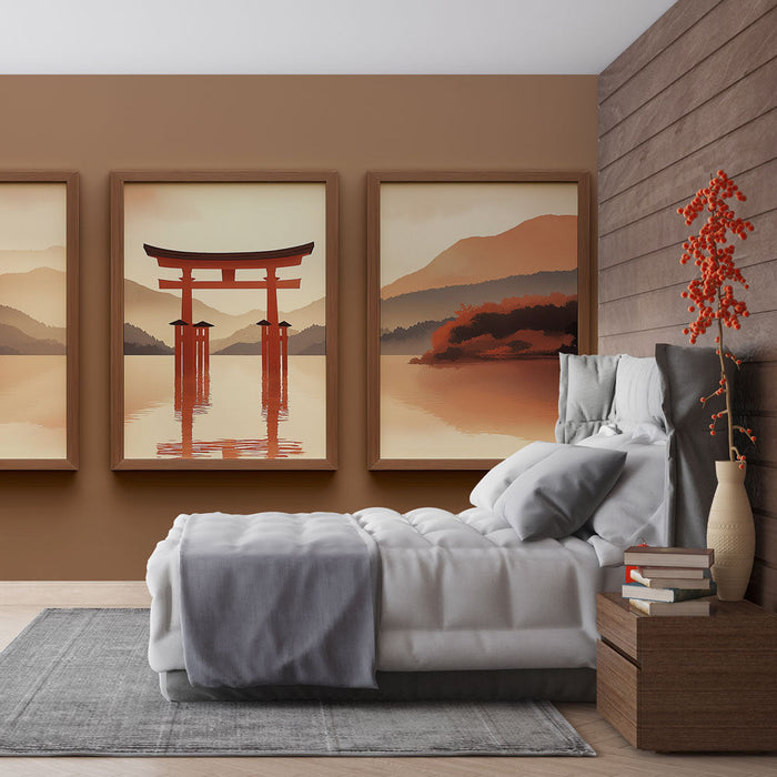 Fototapet tuval taklidi | Alacakaranlıkta dağ manzarası ve torii yansıması