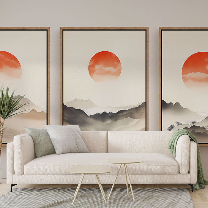 Fototapet lærred efterligning | Bjerglandskab med rød sol