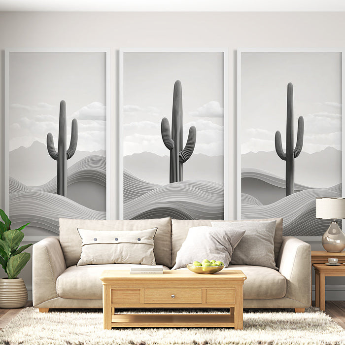 Mural Wallpaper tableau imitation | Desert landscape in black and white with cactus