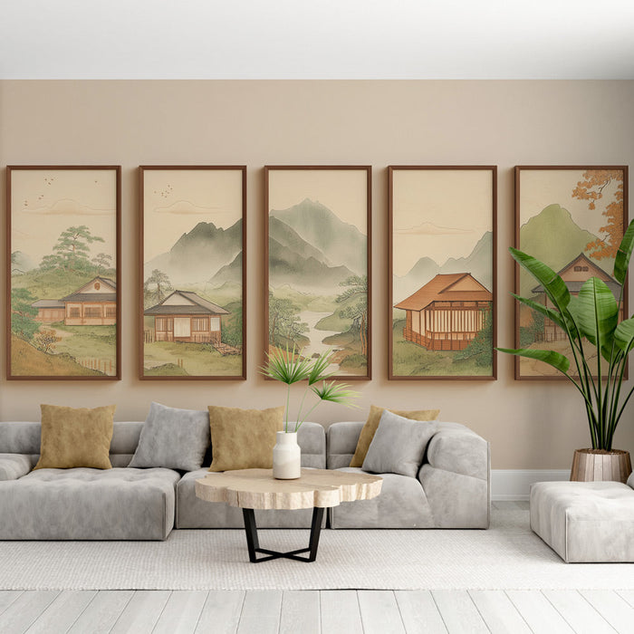 Tapet mural imitație | Peisaj japonez liniștit cu case tradiționale