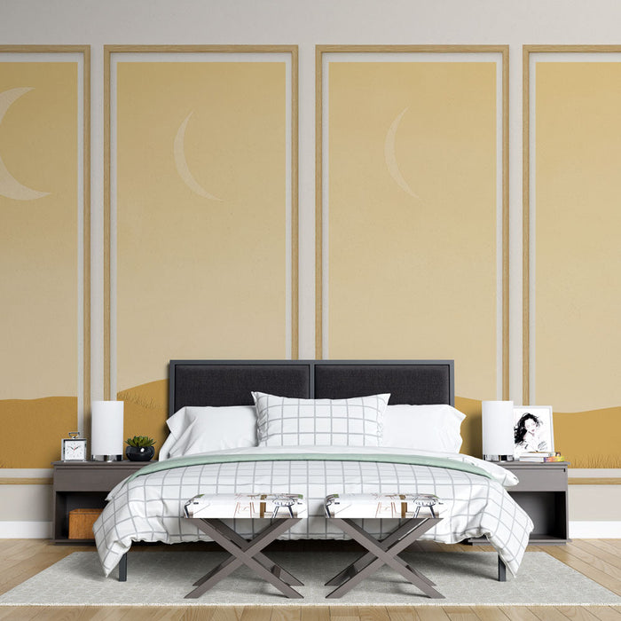 Fototapet s posnemanjem tablo | Minimalistična krajina z zlatimi odtenki in lunami