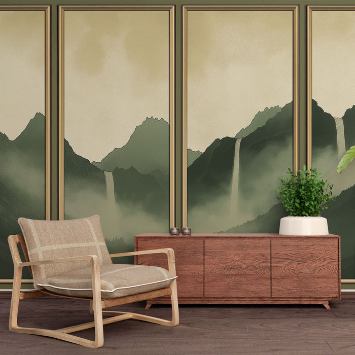 Fototapet efterligning af landskabsmaleri | Vandfald i nuancer af grøn