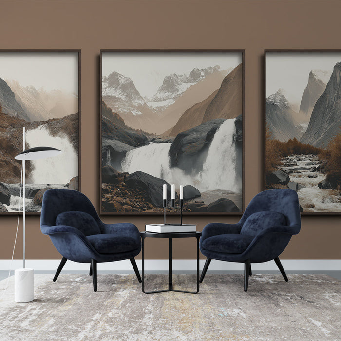 Tapet imitație pictură peisaj montan | Cascada măreață și munții senini