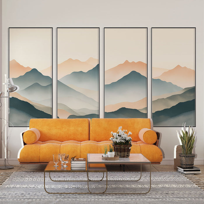 Tapet de imitație a peisajului muntos pictat | Gradiențe moi și armonioase de albastru și portocaliu