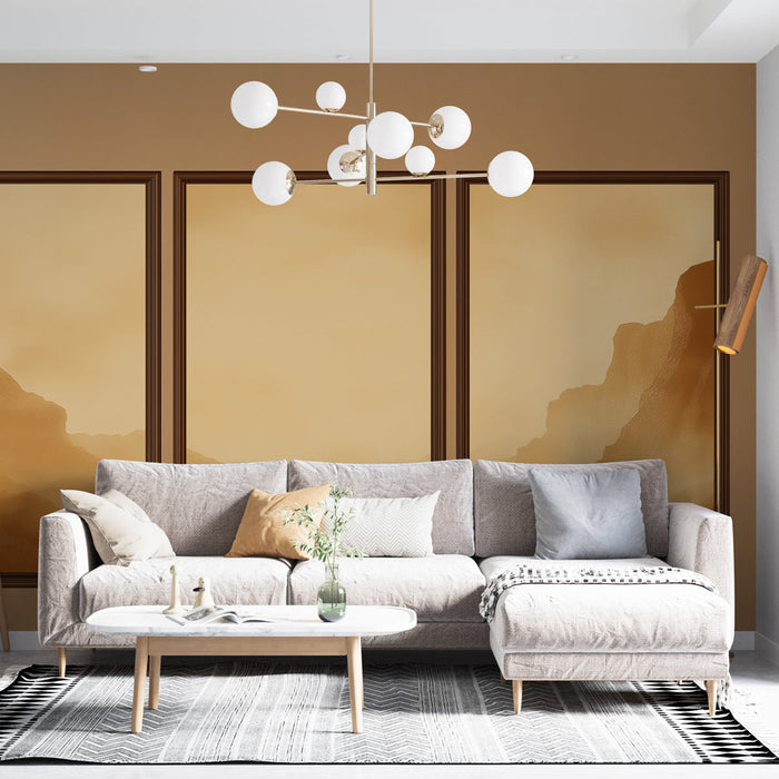 Tapeta na ścianę naśladująca malowanie krajobrazu górskiego | Delikatność beżowych i brązowych odcieni