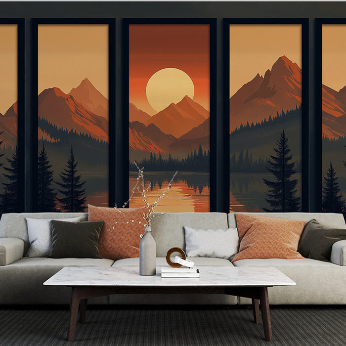 Papel de parede imitação de pintura de paisagem montanhosa | Pôr do sol sobre um lago calmo