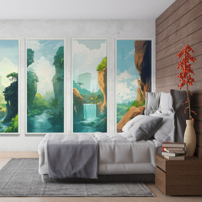 Tapete s imitacijom slikanja | Očaravajući prirodni krajolik s vodopadima i bujnim planinama