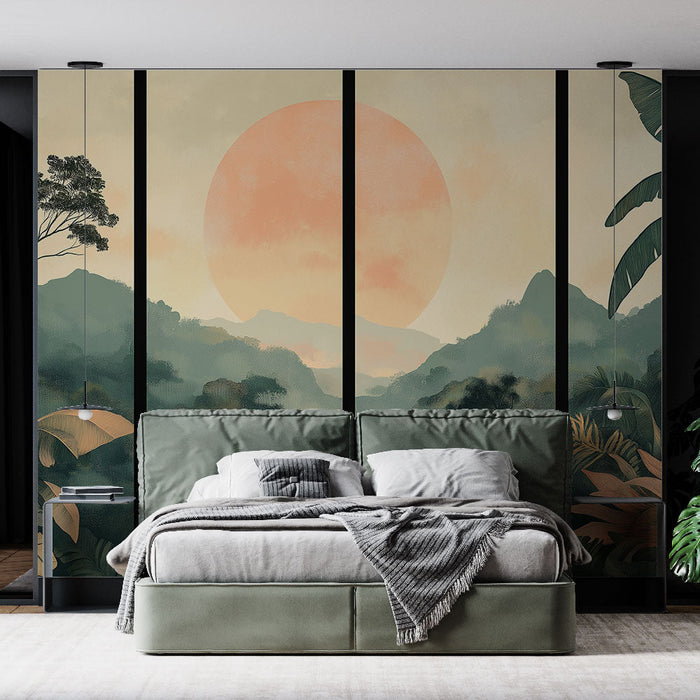 Tapeta na ścianę imitująca stół | Tropikalny pejzaż o wschodzie słońca