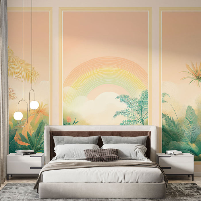 Papel pintado de imitación de pintura mural | Paisaje tropical con arco iris y exuberante follaje