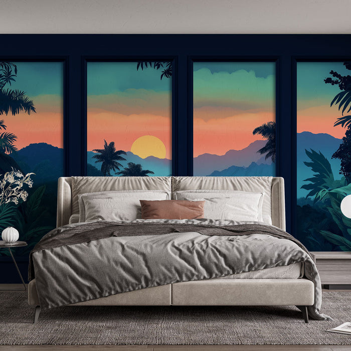 Tapet peisaj tropical imitație de pânză | Patru panouri ilustrând un apus vibrant în spatele munților luxurianți