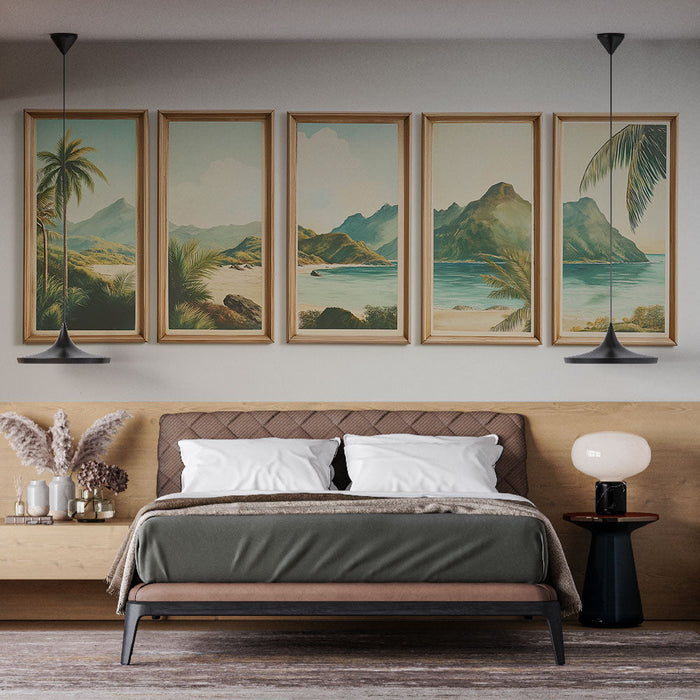 Papel pintado imitación de pintura de paisaje tropical | Serie de obras que representan playas soleadas y montañas