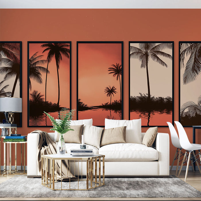 Tapete με τροπικό τοπίο μίμησης ζωγραφικής | Σιλουέτες φοίνικα στο ηλιοβασίλεμα