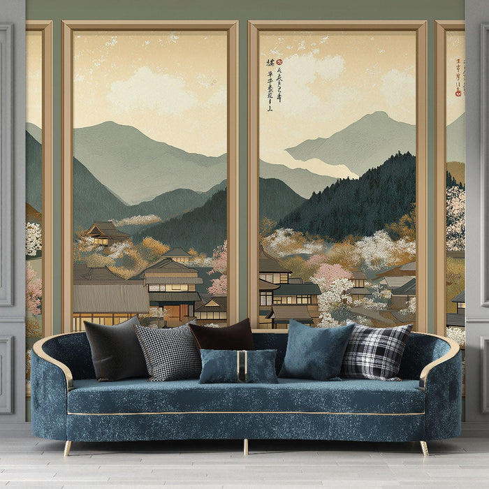 Панел за тапети с имитация на японски пейзажи | Планинска сцена с цъфнали череши