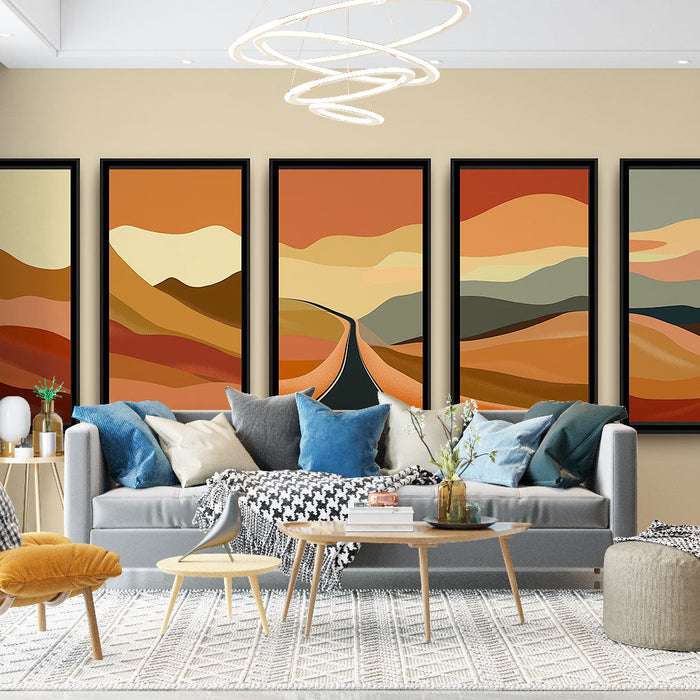 Tapetti maalaus jäljitelmä | Kumpuilevia maisemia ja mutkittelevia teitä lämpimissä väreissä