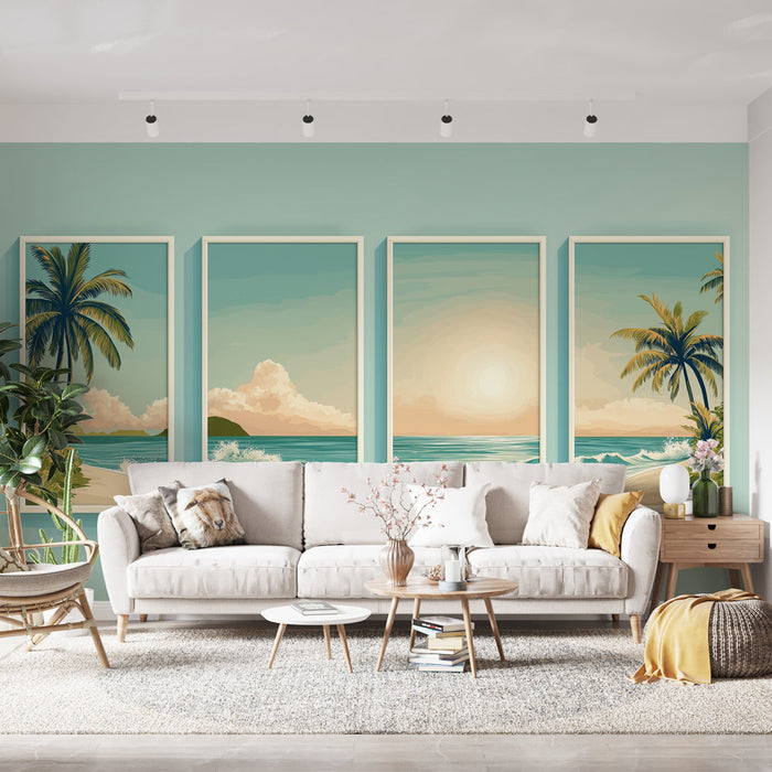 Tapet imitație pictură pe plajă | Peisaj magnific de coastă cu palmieri și orizont liniștit