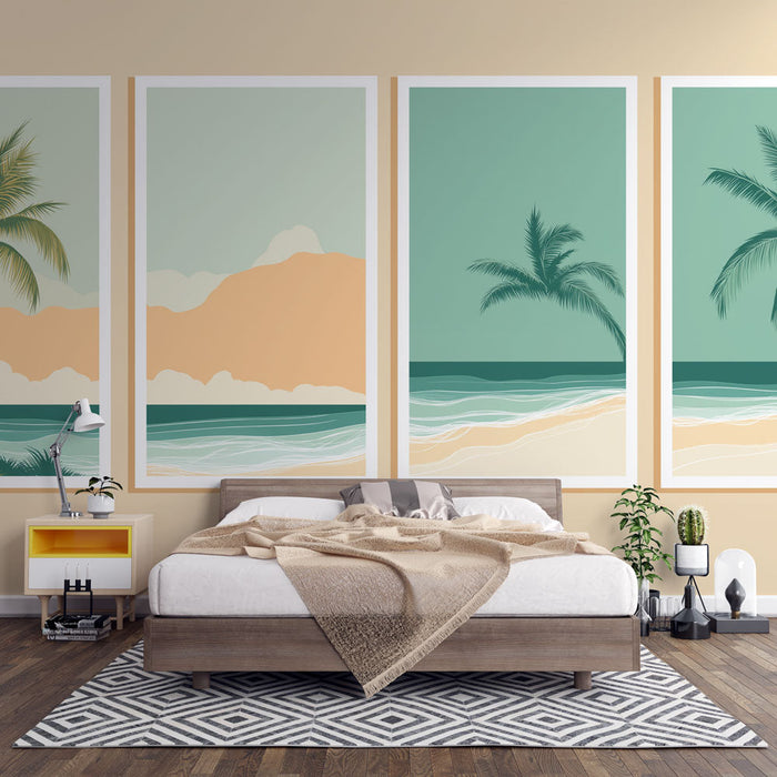 Tapete de imitación de playa | Palmeras y océano en tonos suaves